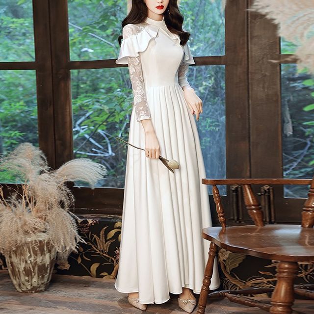Designs) A-Line Panel Ruffled (Various Gown Wedding Lace Long-Sleeve