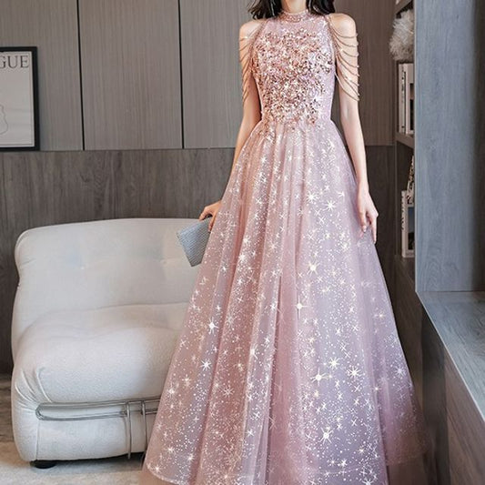 Halter-Neck Chained Star Evening Print A-Line Gown Sequined Mesh