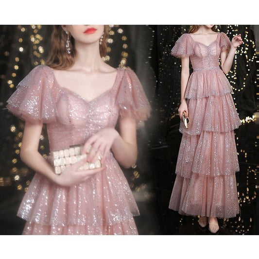 Evening Sequined Sweetheart-Neckline Short-Sleeve A-Line Layered Gown