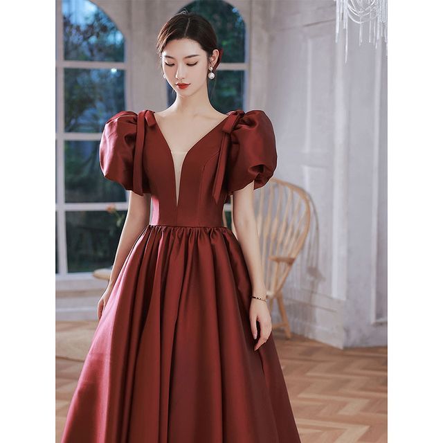 Gown Puff-Sleeve Mesh Panel Evening Plain A-Line