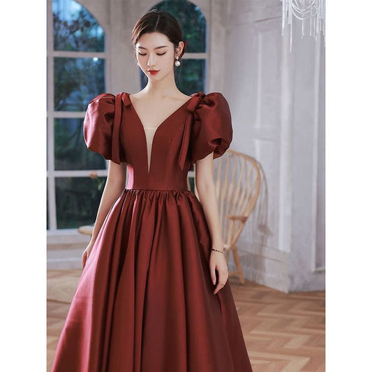 Gown Puff-Sleeve Mesh Panel Evening Plain A-Line