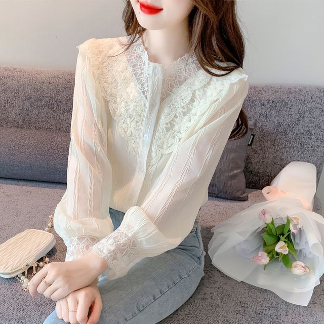 Chiffon Lace-Panel Button-Front Long-Sleeve Blouse