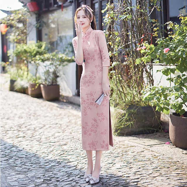 3/4-Sleeve Floral Slit Midi Qipao