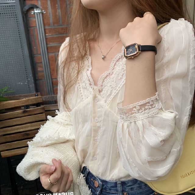 Lace-Trim V-Neck Blouse