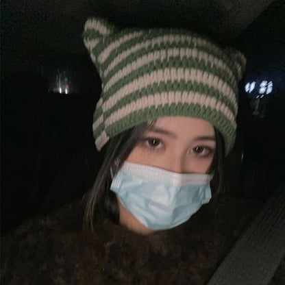 Cat Ear Striped Knit Beanie