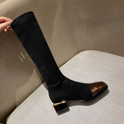 Square-Toe Quilted Panel Block Heel Knee-High Boots