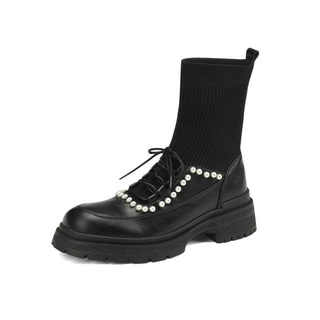 Lace-Up Faux Pearl Short Sock Boots