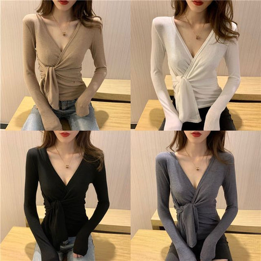 Knot Top Long-Sleeve V-Neck Plain Slim-Fit