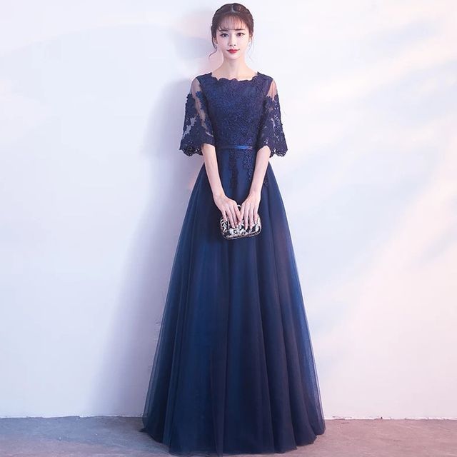 Floral Short-Sleeve A-Line Gown Evening Embroidered