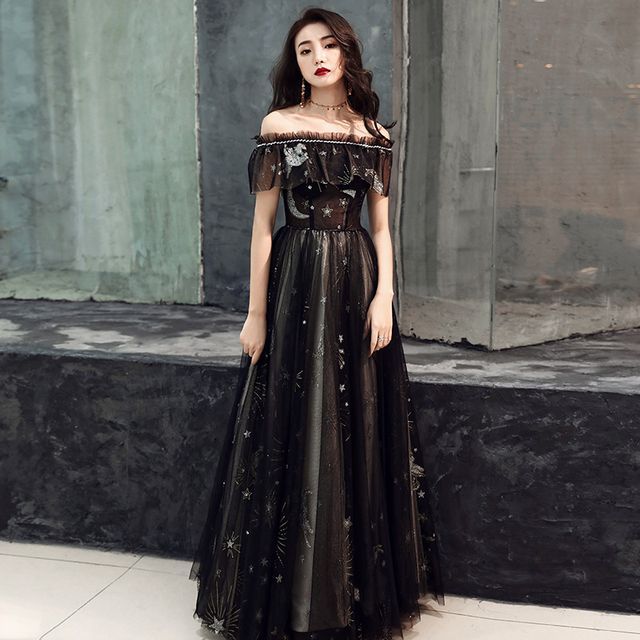 Star Print Off-Shoulder Gown Evening A-Line