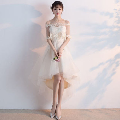 Short-Sleeve Lace Trim High Low Cocktail Dress