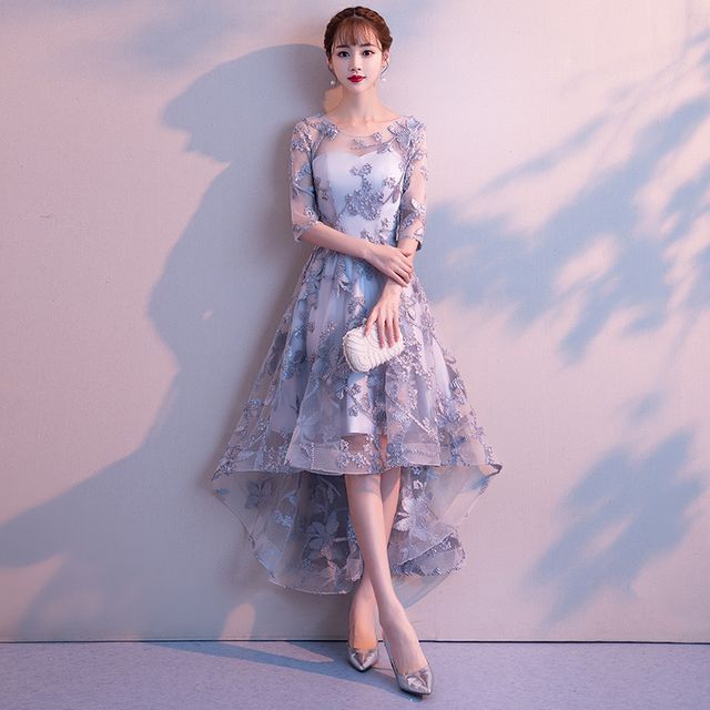 Elbow-Sleeve Floral Embroidered High Low Cocktail Dress