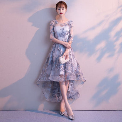 Elbow-Sleeve Floral Embroidered High Low Cocktail Dress