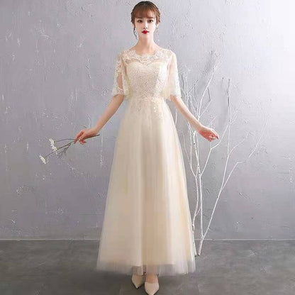 Short-Sleeve Floral Embroidered A-Line Evening Gown