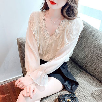 Ruffled Lace-Trim Long-Sleeve V-Neck Blouse