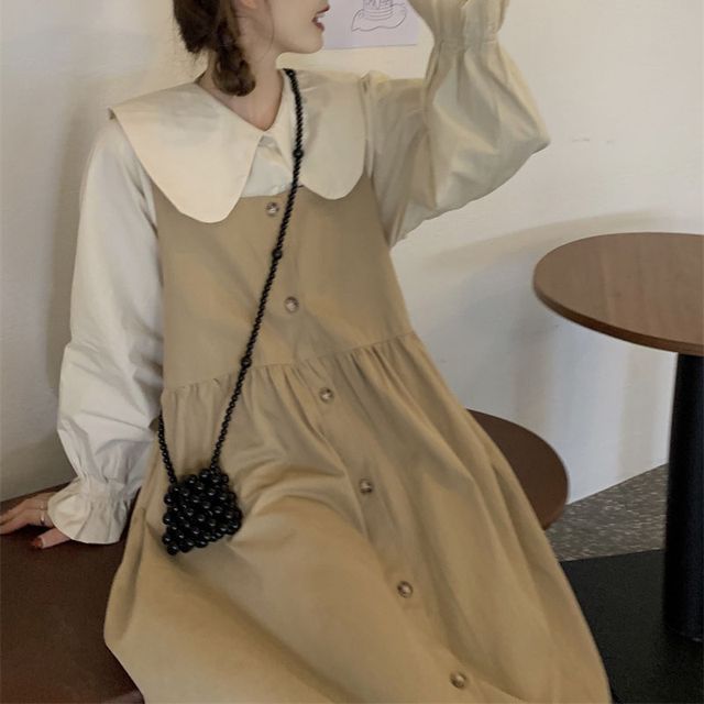 Long-Sleeve Collared Plain Blouse / Square-Neck Plain Midi Overall Dress