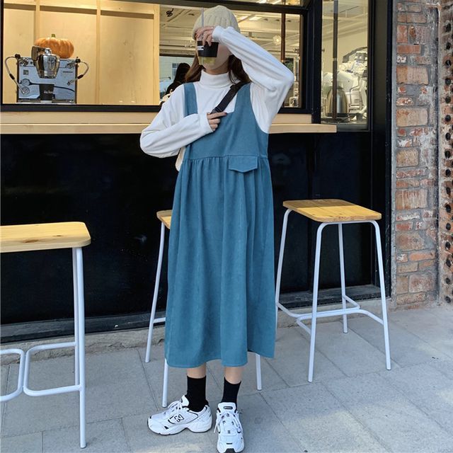 Mock Neck Plain Sweatshirt / Square Neck Midi A-Line Overall Dress