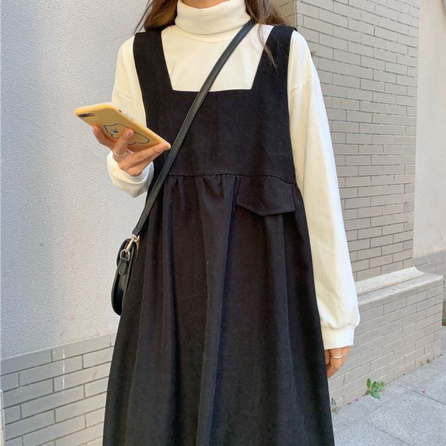 Mock Neck Plain Sweatshirt / Square Neck Midi A-Line Overall Dress