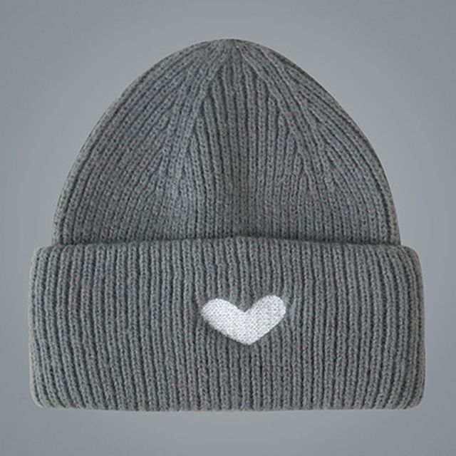 Heart Embroidered Knit Beanie