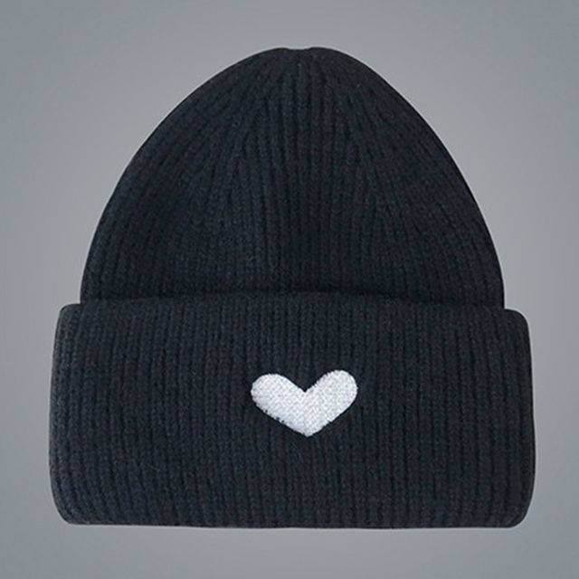 Heart Embroidered Knit Beanie