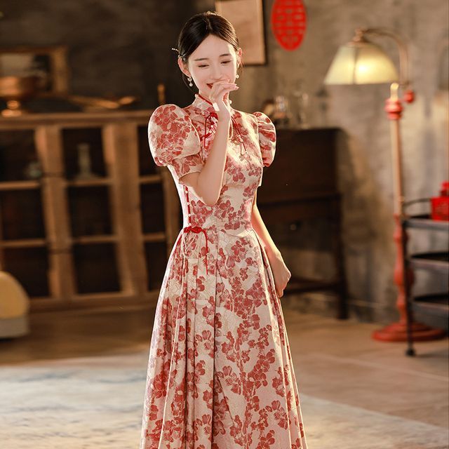 Evening Short-Sleeve Qipao Embroidered Gown Bridal Floral