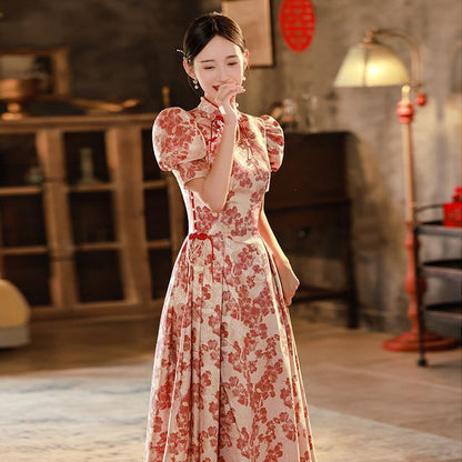 Evening Short-Sleeve Qipao Embroidered Gown Bridal Floral