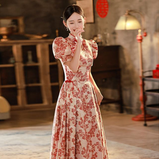 Evening Short-Sleeve Qipao Embroidered Gown Bridal Floral