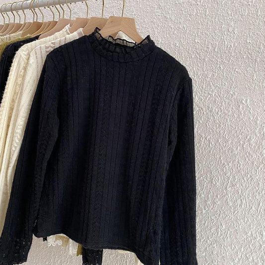 Mock-Neck Lace-Trim Knit Top