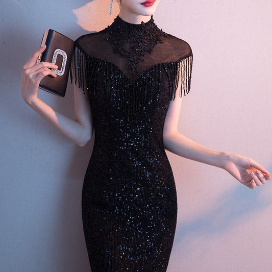 Short-Sleeve Sequin Fringed Trim Mermaid Evening Gown