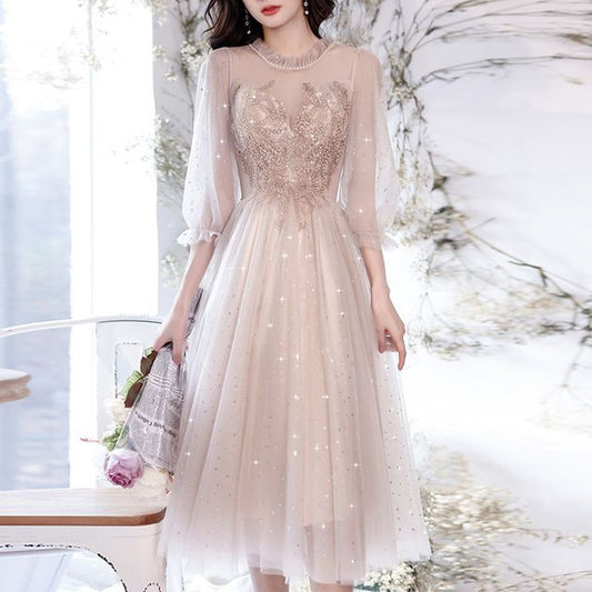 Cocktail Gown Puff-Sleeve A-Line Midi / Flower Dress Embroidered Evening Sequin