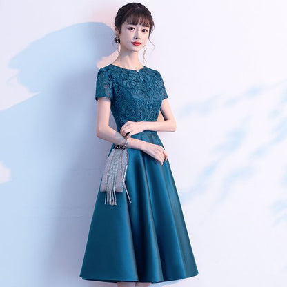 Short-Sleeve Plain Lace Panel A-Line Cocktail Dress