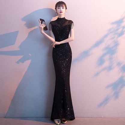 Fringed Mermaid Trim Short-Sleeve Sequin Evening Gown