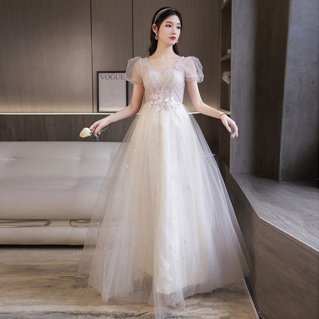 Embroidered Puff-Sleeve A-Line Sequin Evening Gown Flower