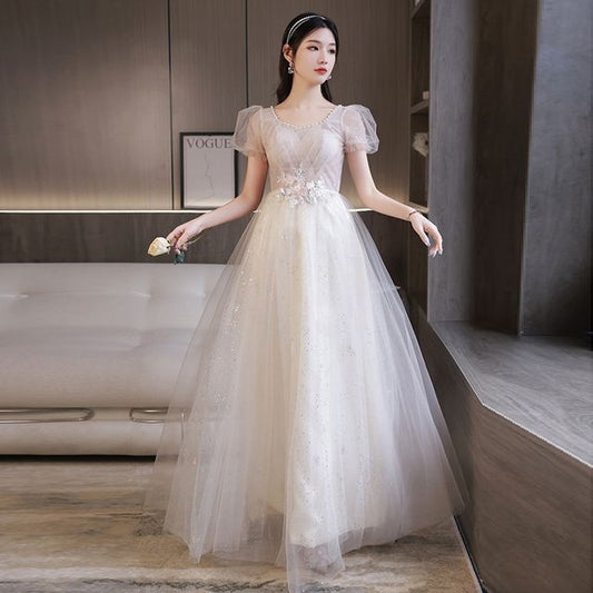 Embroidered Puff-Sleeve A-Line Sequin Evening Gown Flower