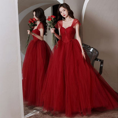 Gown A-Line Cap-Sleeve Plain Beaded Evening