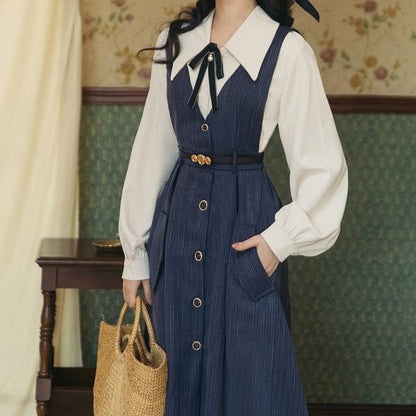 Set: Puff-Sleeve Plain Bow Shirt + Button-Up Midi Overall Dress