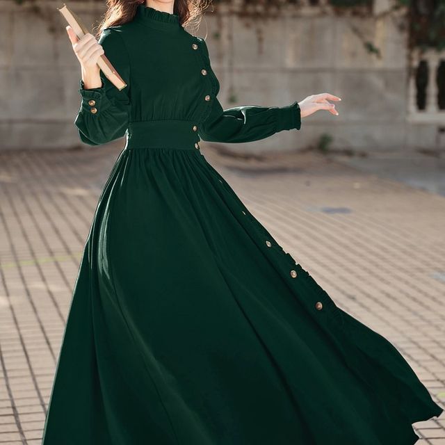 Puff-Sleeve High-Neck Plain Ruffled Midi A-Line Dress