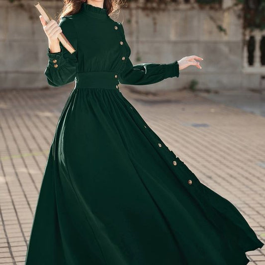 Puff-Sleeve High-Neck Plain Ruffled Midi A-Line Dress