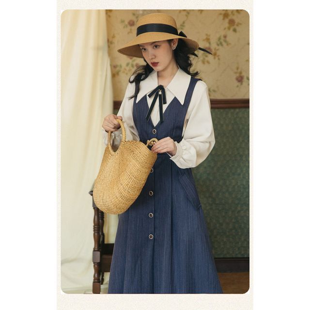 Set: Puff-Sleeve Plain Bow Shirt + Button-Up Midi Overall Dress