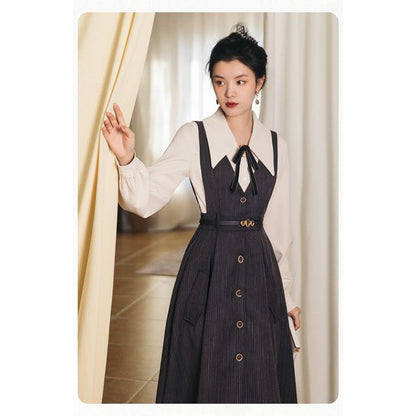 Set: Puff-Sleeve Plain Bow Shirt + Button-Up Midi Overall Dress