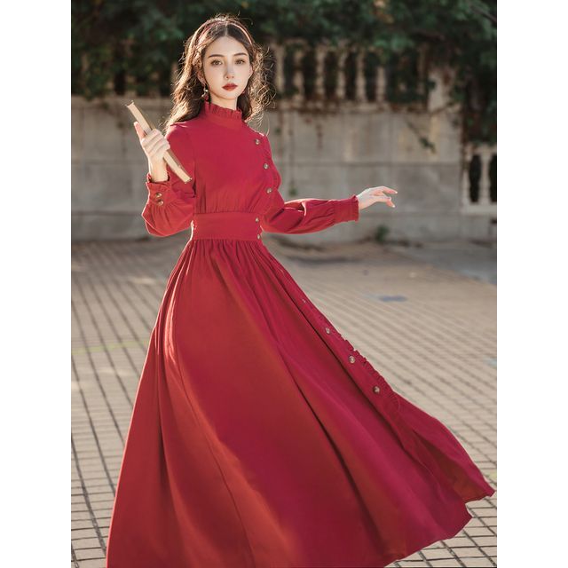 Puff-Sleeve High-Neck Plain Ruffled Midi A-Line Dress