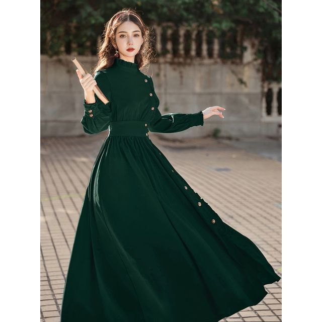 Puff-Sleeve High-Neck Plain Ruffled Midi A-Line Dress