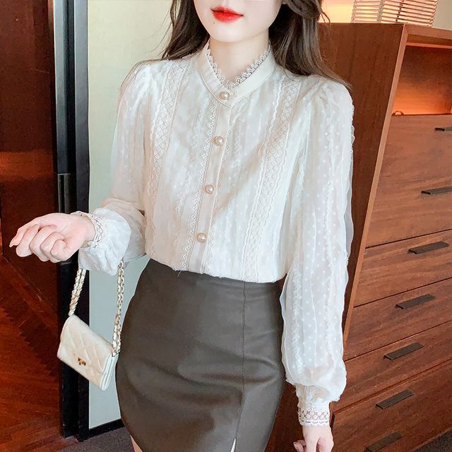 Stand-Collar Lace Long-Sleeve Blouse