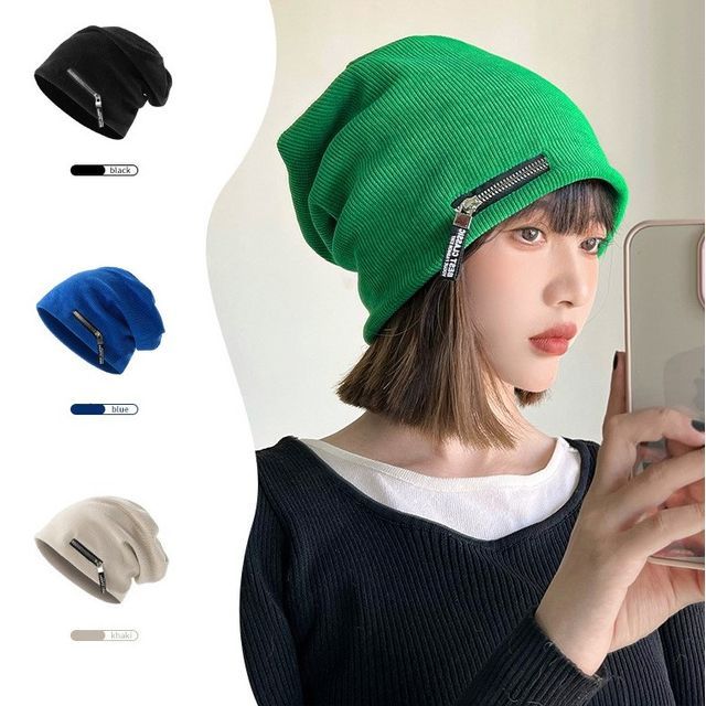Zip Detail Ribbed Beanie