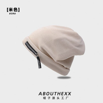Zip Detail Ribbed Beanie