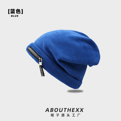 Zip Detail Ribbed Beanie