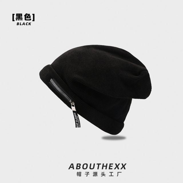 Zip Detail Ribbed Beanie