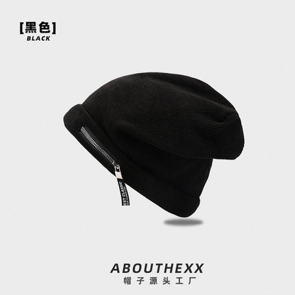 Zip Detail Ribbed Beanie