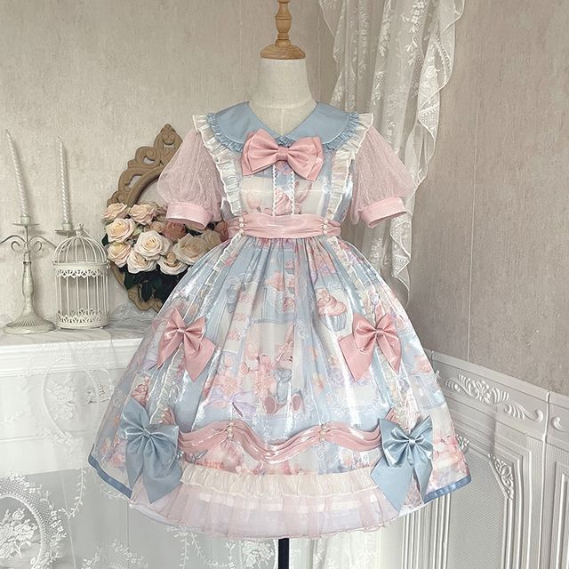 Robe Lolita à manches bouffantes et imprimé floral avec nœud (différents modèles)