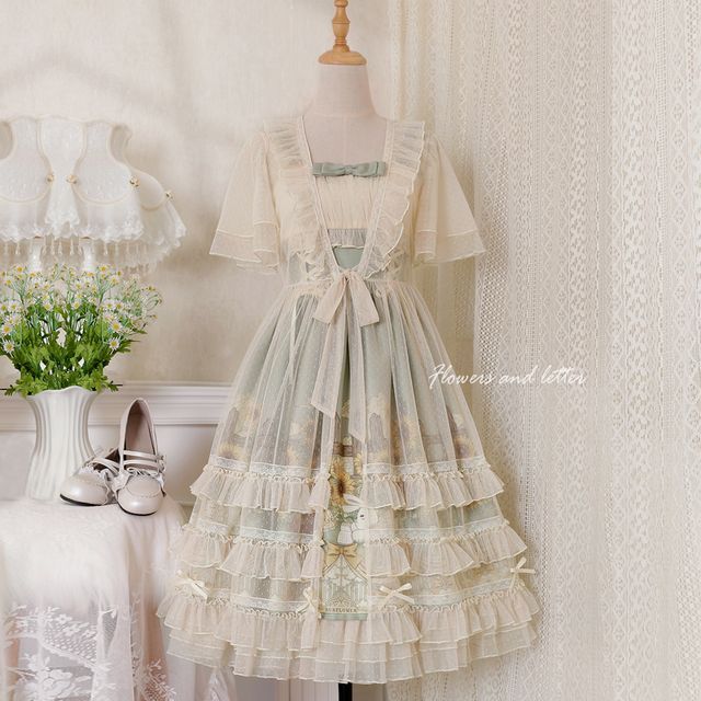 Wide Strap Floral Print Midi A-Line Layered Lolita Dress / Short-Sleeve Ruffle Blouse / Set